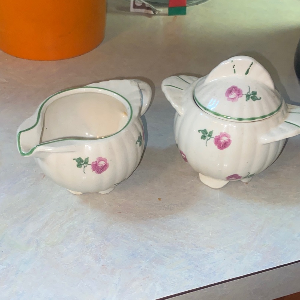 Creamer and Sugar Set with Pink Rose Motif - White and Green Trim
